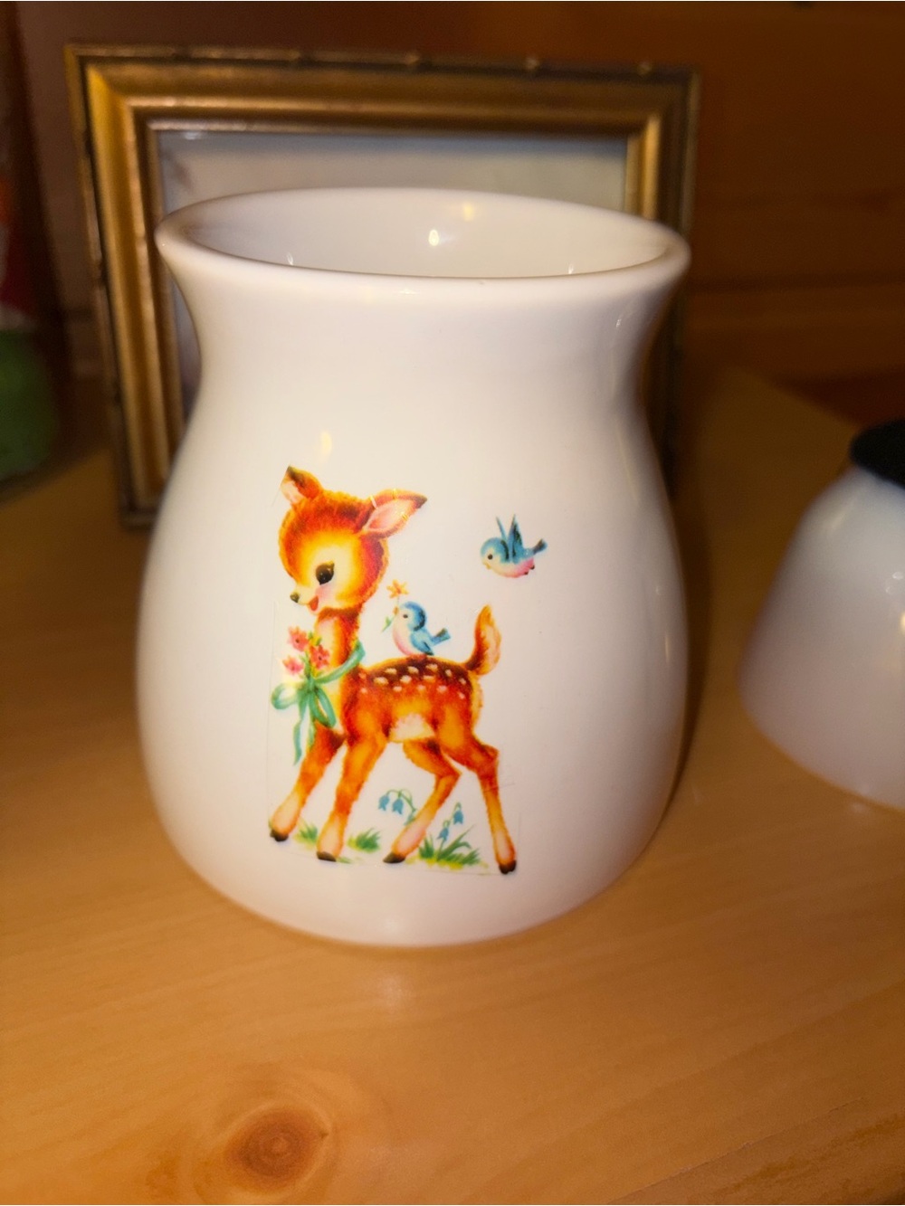 White Ceramic Deer Accent Vase with vintage decals